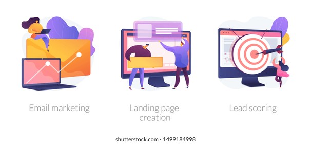 Web design and targeted advertisement flat icons set. Newsletter digital promotion. Email marketing, landing page creation, lead scoring metaphors. Vector isolated concept metaphor illustrations