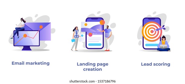 	
Web design and targeted advertisement flat icons set. Newsletter digital promotion. Email marketing, landing page creation, lead scoring metaphors. Vector isolated concept metaphor illustrations