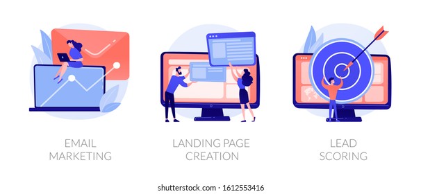 Web design and targeted advertisement flat icons set. Newsletter digital promotion. Email marketing, landing page creation, lead scoring metaphors. Vector isolated concept metaphor illustrations