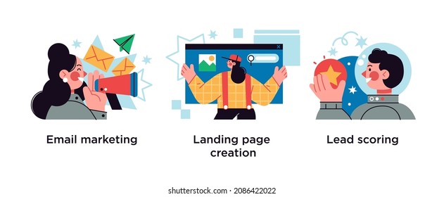 Web design and targeted advertisement flat icons set. Newsletter digital promotion. Email marketing, landing page creation, lead scoring metaphors