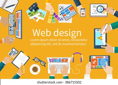 Web design team in the office workplace. Business meeting and brainstorming. Analysis, planning, consulting, project management, development. Flat design. Vector. Creative team.