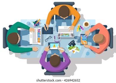 Web design team in the office workplace. Business meeting and brainstorming. Analysis, planning, consulting, project management, development. Flat design. Vector. Creative team.