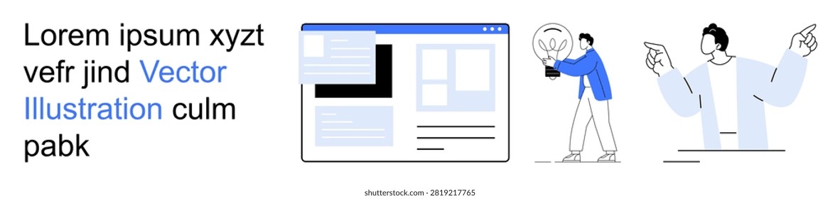 Web design, teamwork, idea sharing, creative collaboration, UX, digital media. A webpage layout, a person with a light bulb and discussion. Web design and teamwork concept