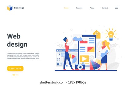 Web design teamwork vector illustration. Cartoon designer team of people working with graphic information, standing next to big smartphone, designing using online video content on screen landing page