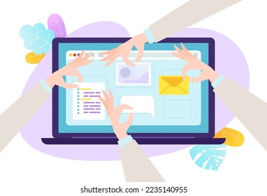 Web design technology concept, vector illustration, flat hand make modern digital website page at screen, creative internet website development.