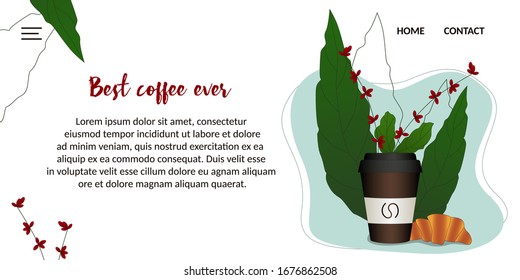 Plantilla de diseño web con ilustración de café. Se puede utilizar para café blog o tienda, café, restaurante. Ilustración vectorial aislada en fondo blanco.