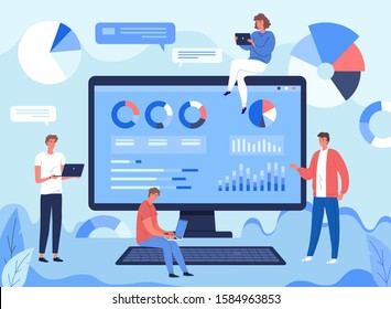 Web design template computer and programmers at work flat vector illustration