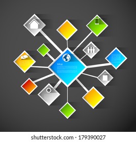 web design template with connected squares and icons, design element