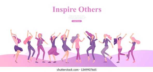 Web design template with Happy Woman dansing, for beauty, dreams motivation, International Womens Day, feminism concept, girls power and woman rights, vector illustration for website