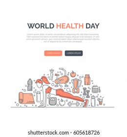 Web design template with line icons symbols of fitness studio, gym facility or health industry. Ideal layout for World Health Day, healthy lifestyle. Clean and minimalistic concept.