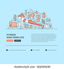 Web design template with line icons symbols of fitness studio, gym facility or health industry. Ideal layout for World Health Day, healthy lifestyle. Clean and minimalistic concept.