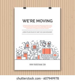 Web design template with line icons symbols of delivery, moving service or trucking industry. Ideal for business layout, or announcement poster about the move. Clean and minimalistic concept.