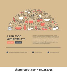 Web design template with line icons symbols of chinese, japanese, asian cuisine, cafe and food delivery. Clean, minimalistic concept. Trendy line style vector illustration. Ideal for business layout.