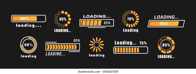 Web design template, loading interface. Loading bar progress icons, load sign. A set of indicators isolated on black background. System software update and upgrade concept. Vector illustration.