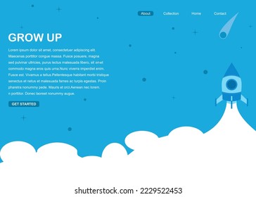Web design template with rocket icon on the side pointing up, meteors, and stars.web design, loading page, loading screen, webview,internet,flat design,e-commerce,design ui,elements,ilustration,sign,