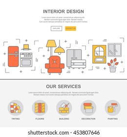 Web design template with thin line icons of interior design. Flat design graphic image concept, website elements layout.