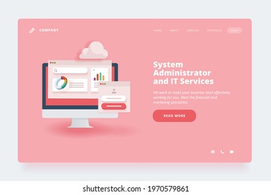 Web design template. Vector illustration concept of website or landing page design for IT services, cloud computing, system administrator, data analytics, SEO.