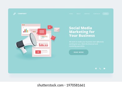 Web design template. Vector illustration concept of website or landing page design for social media, networking, digital marketing, account analytics, online communication.