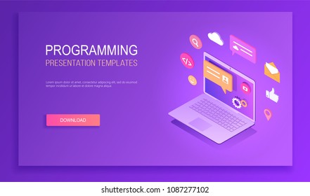 Web design template violet notebook isometric icons