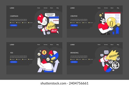 Plantillas de diseño web establecidas para agencia de publicidad. Captura del lanzamiento de la campaña, proceso creativo, marca y cálculo del rendimiento de la inversión. Interfaz fácil de usar. Ilustración vectorial plana.