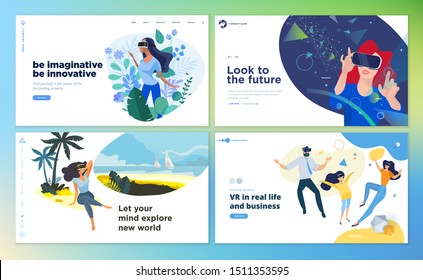 Web design templates of virtual reality. Vector illustration concept for web design and development, app development, VR technology, entertainment, games, business presentation, marketing, education.