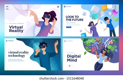 Web design templates of virtual reality. Vector illustration concept for web design and development, app development, VR technology, entertainment, games, business presentation, marketing, education.