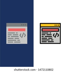 Web, Design, Text  Icons. Flat and Line Filled Icon Set Vector Blue Background