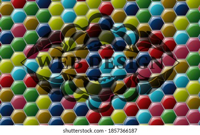 Web design text inside Colorful candy multicolored badge. Hexagon delicate background. Intense illustration. 