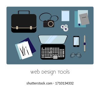 Web design tools flat vector illustration. Elements are located on the desk and isolated. View from above.
