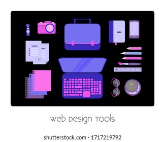 Web design tools flat vector illustration. Elements are located on the desk and isolated. View from above.
