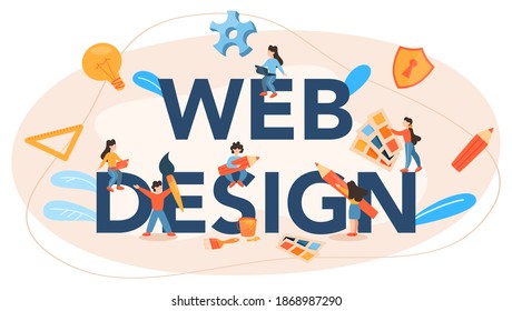 Web design typographic header. Presenting content on web pages. Website layout, composition and color development. Idea of computer technology. Flat vector illustration