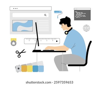 Web design, UI UX Web development. Interface elements and browser window. Creating website, coding content, mobile usability app. Vector illustration on isolated white background.	
