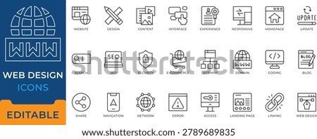 Web design and UI UX development line icons. Minimal vector symbols for SEO, responsive interface, e-commerce, and coding editable stroke.