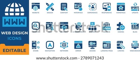 Web design and UI UX interface icon set. Responsive website, SEO optimization, coding, landing page, e-commerce, homepage, sitemap and web development vector symbols.