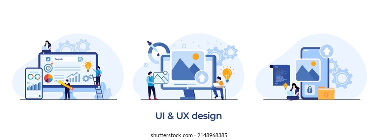 Web design, ui ux and programmer with computer, software development, flat illustration vector