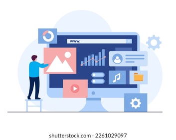 Web design, ui ux and programmer with computer, software development, flat illustration vector template banner