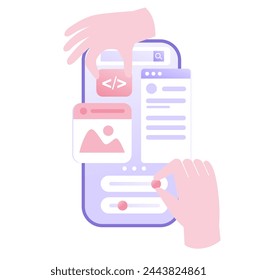 Web design, ui ux and programmer with computer, software development, flat illustration vector database template banner