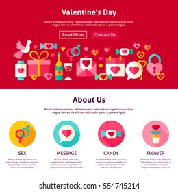 Web Design Valentine Day. Flat Style Vector Illustration for Website Banner and Landing Page. Valentines Day Holiday.