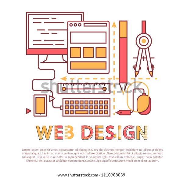 Web design vector banner with\
development tools, illustration of computer`s monitor, keyboard and\
phone, pencil and calculator for project\
planning