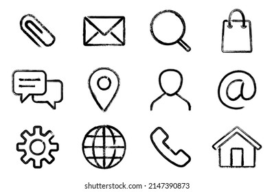 Conjuntos de iconos de trazo de pincel vectorial de diseño web: adjunto, sobre, búsqueda, bolsa de compra, diálogo de chat, pin de mapa, símbolo de correo electrónico, equipo de configuración, planeta globo, señal de llamada telefónica, página de inicio, mi página.  icono web