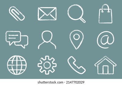 Web Design Vector Brush Stroke Icons Set: Attachment, Envelope, Search, Shopping Bag, Chat Dialog, Map Pin, At Email Symbol, Settings Gear, Globe Planet, Phone Call Sign, Home Page, My Page.  Web Icon