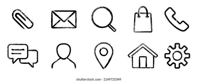 Web Design Vector Brush Stroke Icons Set: Attachment, Envelope, Search, Shopping Bag, Chat Dialog, Map Pin, Email Symbol, Settings Gear, Phone Call Sign, Home Page, My Page.  Website Design Icon Set