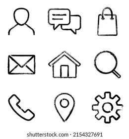 Web Design Vector Brush Stroke Icons Set: Envelope, Search, Shopping Bag, Chat Dialog, Map Pin, Email Symbol, Settings Gear, Phone Call Sign, Home Page, My Page.  Website Design Icon Collection