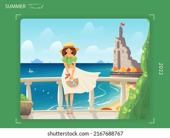 Web design with vector grain textured illustration of trendy woman on summer vacation posing for trip journal, travel guide book, hotel resort. Coastal view, ocean, restaurant on the beach, photo spot