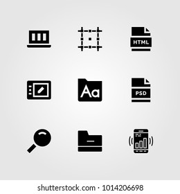 Web Design Vector Icon Set. Psd, Smartphone, Magnifying Glass And Tablet