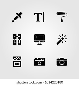 Web Design vector icon set. pipette, monitor, photo camera and responsive