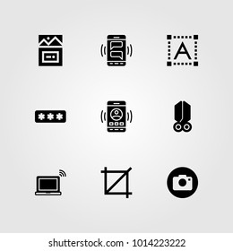 Web Design vector icon set. crop, responsive, photo camera and scissors