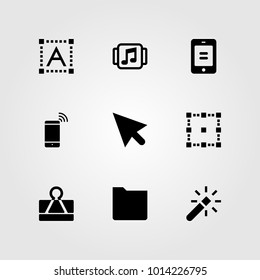 Web Design Vector Icon Set. Smartphone, Music Player, Cursor And Text Editor