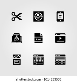 Web Design vector icon set. browser, mask, responsive and laptop