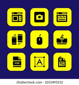 Web Design vector icon set. photo camera, tap, text editor and psd